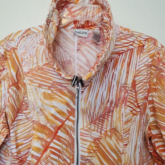 Chicos 3 Womens Sz XL/16 Orange Leaf Tropical Palm Full Zip Lightweight Jacket - Picture 7 of 16
